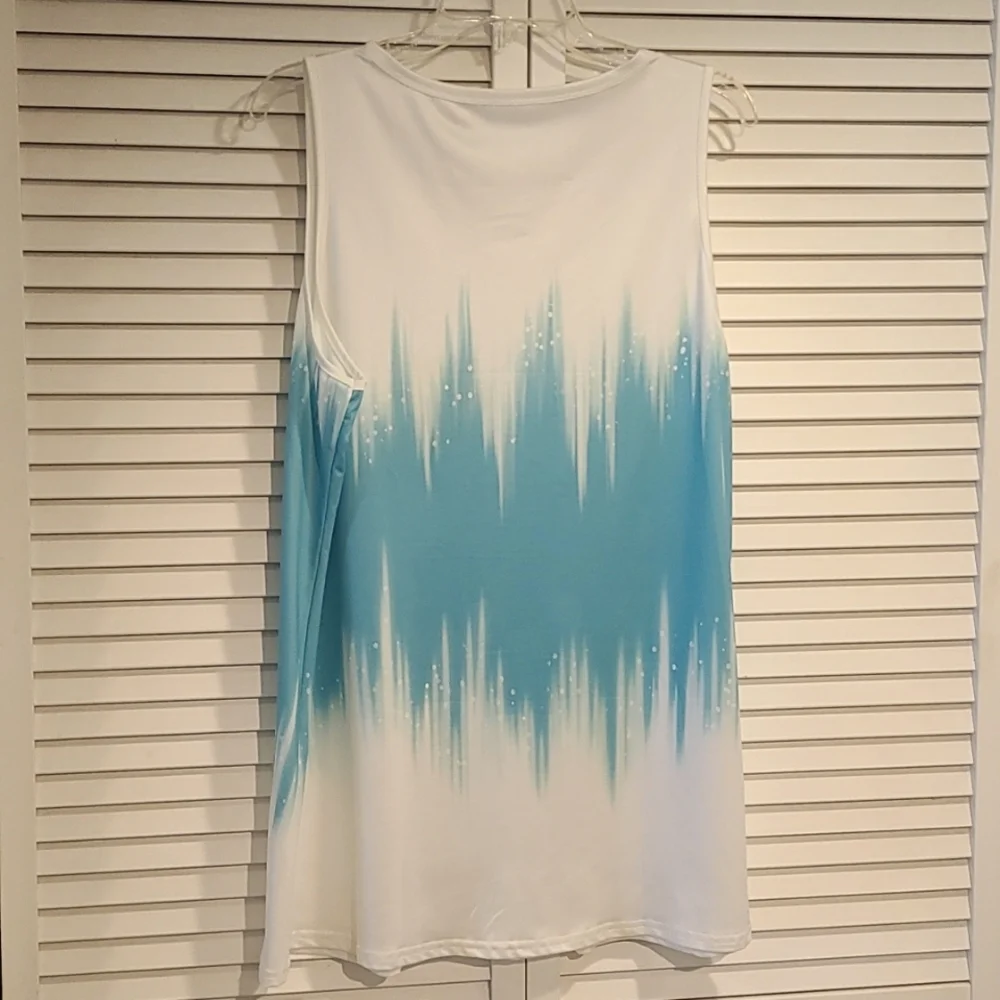 SUMMER Top V Neck w cut out designs Teal/White NWT 1XL long - Picture 3 of 3